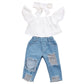 Girl's Hole Jeans White Top 3 Piece Set
